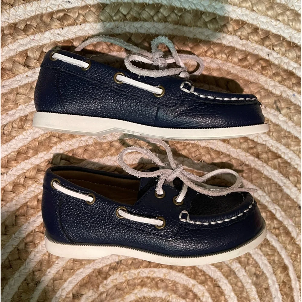 Janie and Jack Navy Blue Leather Boat Shoes with White Laces